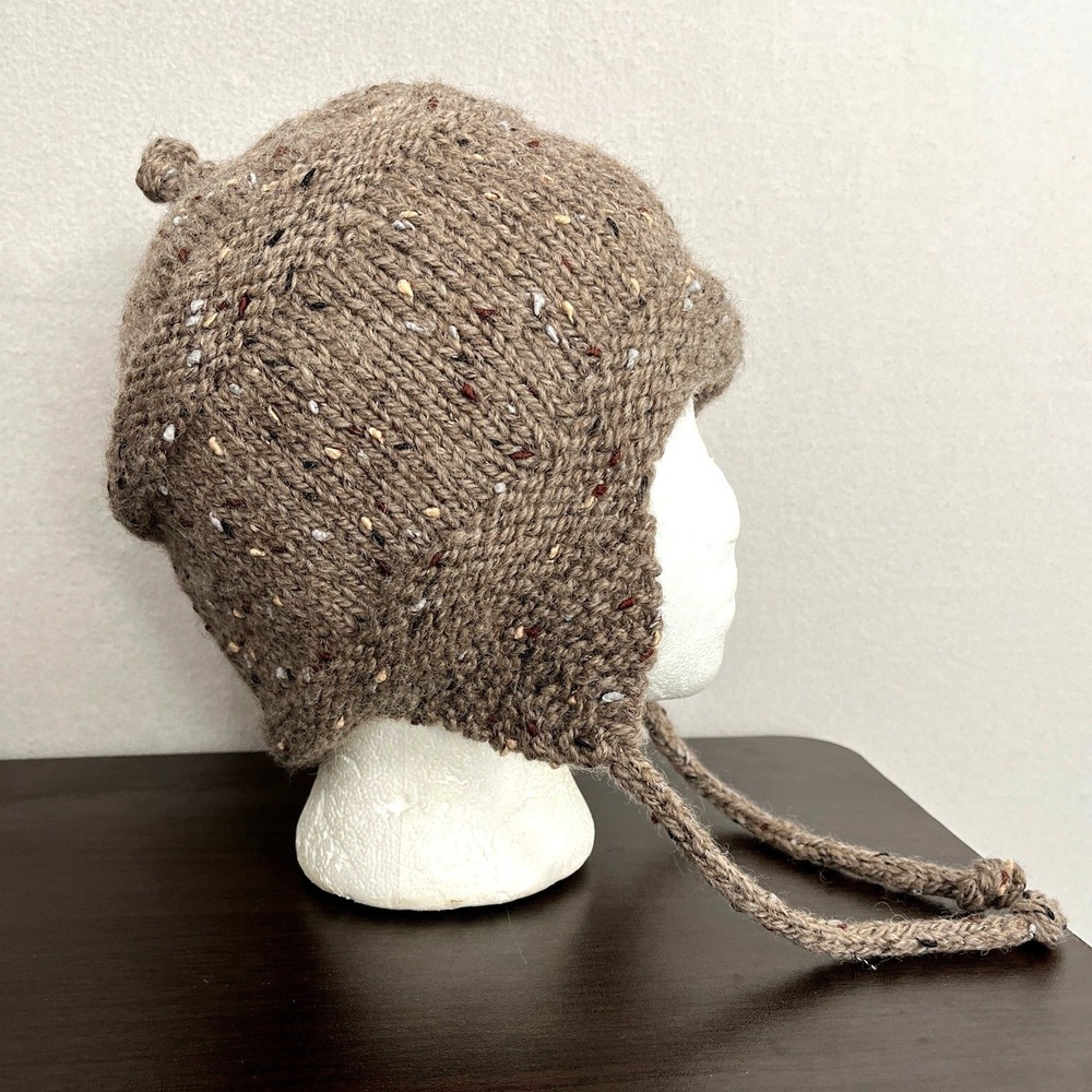 Hand Knit Brown Tweed Wool Blend Trapper Hat Ear Flaps Top Knot One Size